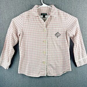 Lauren Ralph Lauren Women's Medium 100% Cotton Plaid Monogram Pajama Top Flannel